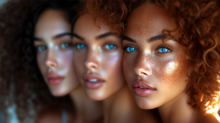 Studio headshot of beautiful multiethnic girls with natural beauty and glowing smooth skin.の素材