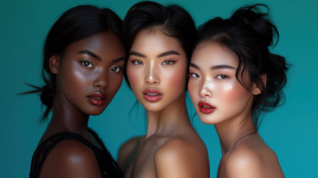 Studio headshot of beautiful multiethnic girls with natural beauty and glowing smooth skin.の素材