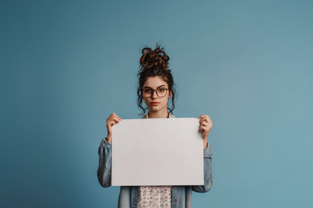 Young woman with curly hair and glasses holding a blank white sheet of paper on a blue backgroundの素材