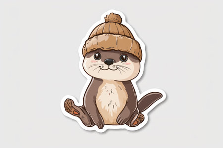Cheerful otter in a brown hat depicted in a playful pose.の素材