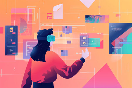 Woman using virtual reality headset. Future technology concept. illustration in flat styleの素材