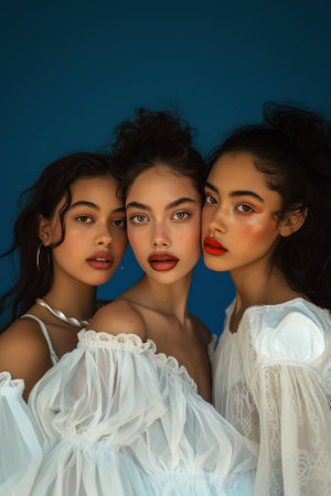 Three beautiful young women in white dresses on blue background. Studio shot.の素材