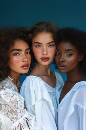 Studio headshot of beautiful multiethnic girls in white dresses on blue backgrounnd. Natural beauty and glowing smooth skin.の素材