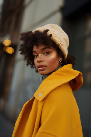 Stylish african american woman in yellow coat and hat posing on the streetの素材