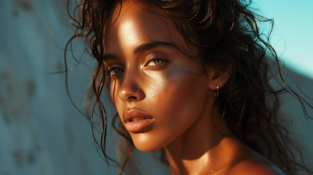 Young girl with curly hair in sunlight on the beach. Natural beauty close-up.の素材