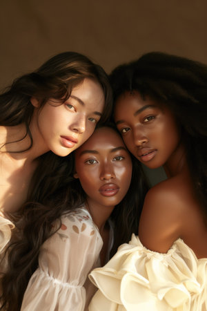 Studio headshot of beautiful multiethnic girls with natural beauty and glowing smooth skin.の素材