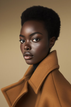 Beautiful african american woman in coat on beige backgroundの素材