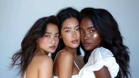 Studio headshot of beautiful multiethnic girls with natural beauty and glowing smooth skin.の素材