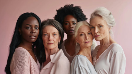 Portrait of diverse group of women looking at camera while standing against pink backgroundの素材