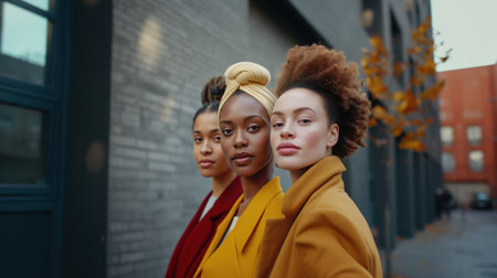 Fashionable african american women in yellow coat posing on streetの素材