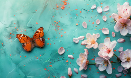 Butterfly and cherry blossoms on a turquoise background. Beautiful springtime background. Flat lay, top view.の素材