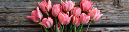 Bouquet of pink tulips on old wooden background, panoramic bannerの素材