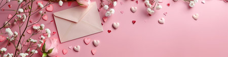 Valentine's day background with envelope, flowers and hearts on pink. top view of bouquet of pink carnation flowers, panoramic shotの素材
