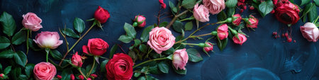 Vibrant red and pink roses on a textured dark blue background.の素材