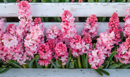 Pink and white hyacinths in the garden, stock photoの素材