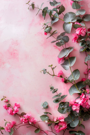Pink flowers and eucalyptus branches on pink background. Greeting card for Mother's Day, Woman's Day, Easter, Valentine's Day, Wedding, and Birthday celebration.の素材