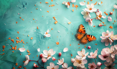 Butterfly and cherry blossoms on a turquoise background. Beautiful springtime background.の素材