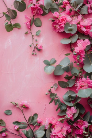 Pink flowers and eucalyptus branches on pink background. Greeting card for Mother's Day, Woman's Day, Easter, Valentine's Day, Wedding, and Birthday celebration.の素材