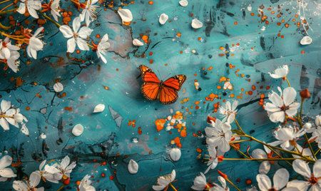 Beautiful butterfly and flowers on a blue background, panoramic shot. Toned. Flat lay, top viewの素材