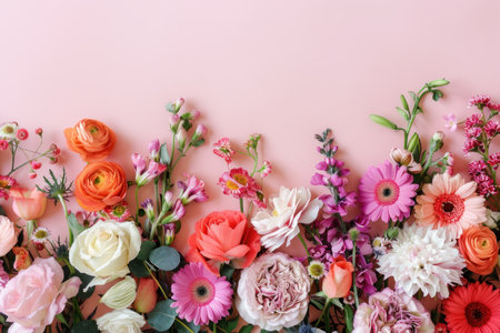 Beautiful flowers composition. Colorful flowers on pink background. Flat lay, top view, copy spaceの素材