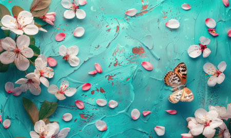 Butterfly and cherry blossoms on a turquoise background. Beautiful springtime background.の素材