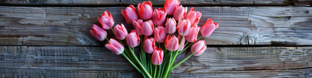 Spring Holiday background. A bouquet of pink tulips on a wooden background. Greeting card with space for text.の素材