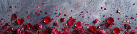 Red rose petals and hearts scattered on a grey surfaceの素材