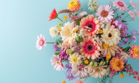 Colorful Spring Flowers on Blue Background. Greeting card with space for text, top view.の素材