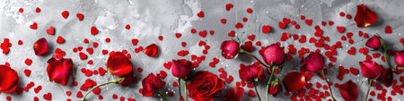 Valentines day background. Red rose flowers and red hearts on gray concrete background. Flat lay, top view, copy spaceの素材