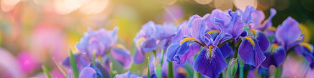 Beautiful iris flowers in the garden. Floral background.の素材