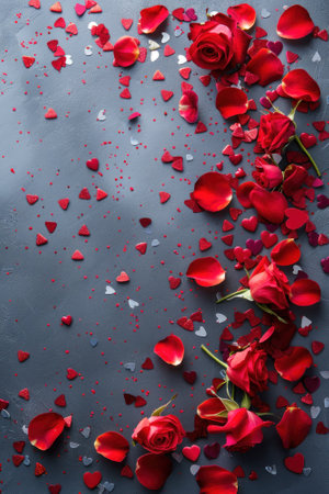 Red rose petals and hearts scattered on a grey surfaceの素材