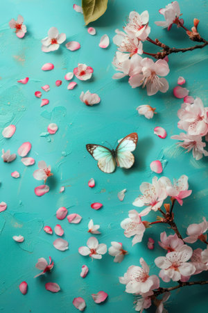 Butterfly and cherry blossoms on a turquoise background. Beautiful springtime background.の素材