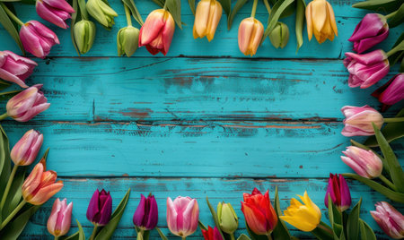 Spring Holiday background. Colorful tulips on a blue wooden background. Greeting card with space for text. Valentine's Day, Woman's Day, Mother's Day, Easter.の素材