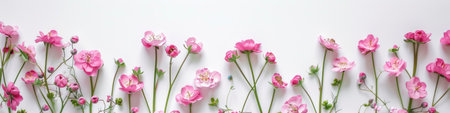 Delicate pink blossoms on a white background. Flowers greeting card for Mother's Day, Woman's Day, Easter, Valentine's Day, Wedding, and Birthday celebration. Flat lay, empty space, top view.の素材