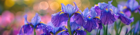 Purple iris flowers blooming in the garden with bokeh backgroundの素材