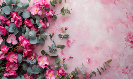 Eucalyptus branches and pink flowers on a pink backgroundの素材