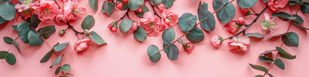 Pink flowers and eucalyptus branches on pink background. Greeting card for Mother's Day, Woman's Day, Easter, Valentine's Day, Wedding, and Birthday celebration.の素材