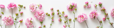 Delicate pink blossoms on a white background. Flowers greeting card for Mother's Day, Woman's Day, Easter, Valentine's Day, Wedding, and Birthday celebration. Flat lay, empty space, top view.の素材