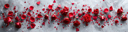 Valentine's Day background with red rose petals and confetti.の素材