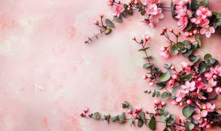 Pink flowers and eucalyptus branches on pink background. Greeting card for Mother's Day, Woman's Day, Easter, Valentine's Day, Wedding, and Birthday celebration.の素材