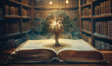 Tree growing from an open book on the background of a library. Concept of education and knowledge.の素材
