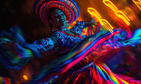 Traditional mexican dancer in a colorful costume dancing in the nightの素材