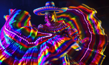 Mexican girl dancing with sombrero and colorful lights in nightclubの素材