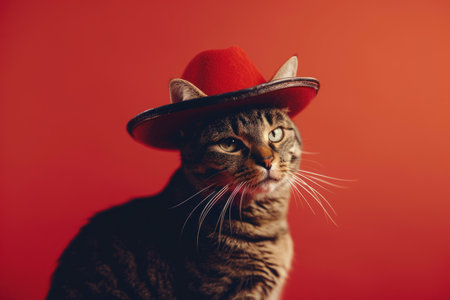 Cute tabby cat wearing a straw hat on a red background. Copy space.の素材
