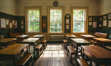 Vintage wooden table and chairs in the old school classroomの素材