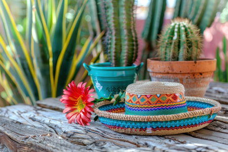 Mexican hat and cactus on wooden table, closeup viewの素材
