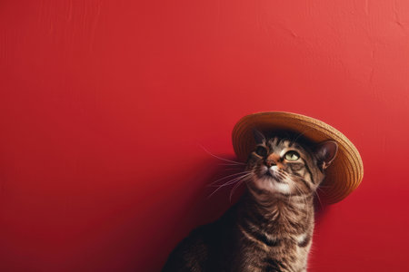Cute tabby cat wearing a straw hat on a red background. Copy space.の素材
