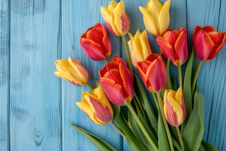 Spring Holiday background. Colorful tulips on a blue wooden background. Greeting card with space for text. Valentine's Day, Woman's Day, Mother's Day, Easter.の素材