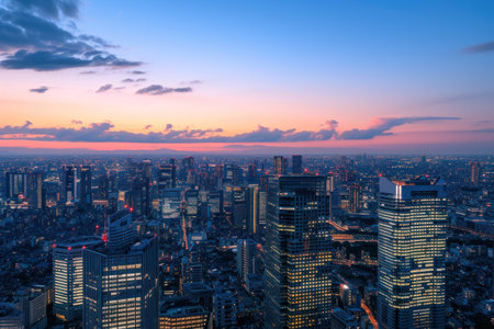 Cityscape at dusk with illuminated buildings and a cloudy sky.の素材