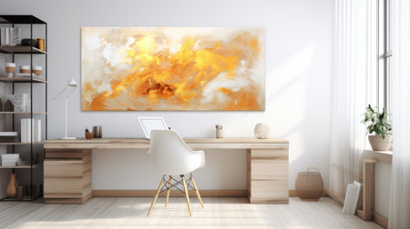 Elegant living room with modern art and golden accentsの素材